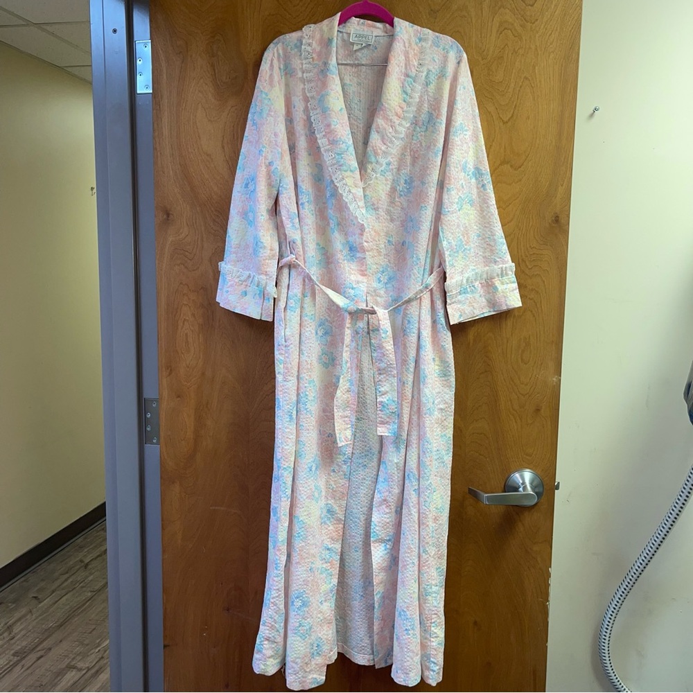 Vintage Appel Belted Pastel Floral Robe Seersucker Women’s Large Union Made USA - Picture 3 of 12